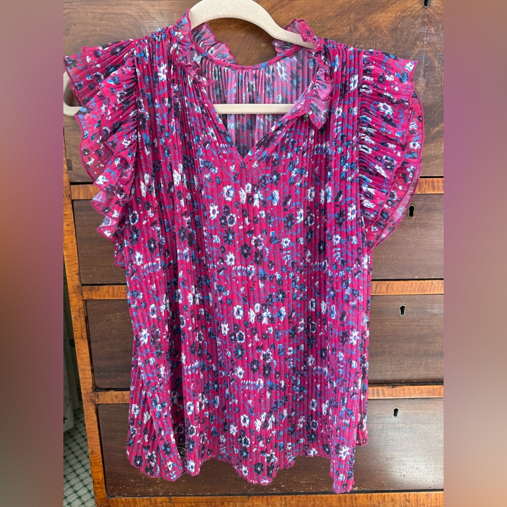 Anthropologie Floral Ruffle Sleeve Sheer Top - Pink